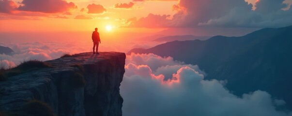 Wall Mural - A lone figure stands at a precipice, a symbolic representation of conquering fear and facing the unknown, with a path forward leading to a hopeful sunrise , risk, cliff