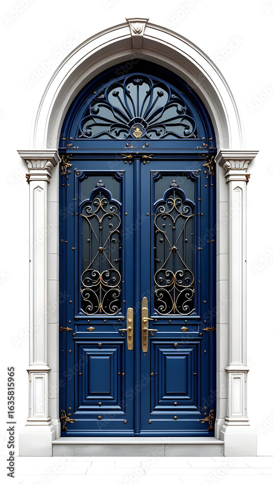 A detailed view of a blue arched door with ornate ironwork and white stone pillars on either side