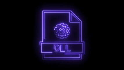 Glowing purple neon D L file icon with gear symbol and transparent background representing dynamic link