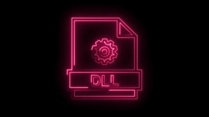 Glowing neon pink D L file icon with gear symbol and transparent background for technology and programming