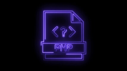 Glowing neon purple P H P file icon with code symbols and question mark on transparent black background
