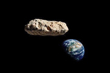 Wall Mural - flying asteroid approaches earth with potential impact trajectory, flying asteroid towards the plane