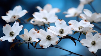 White Dogwood blossoms, spring garden, blue background, nature photography