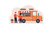 © Bocx - Customer orders from food truck, smoke rises, neutral color background.Use Food service
