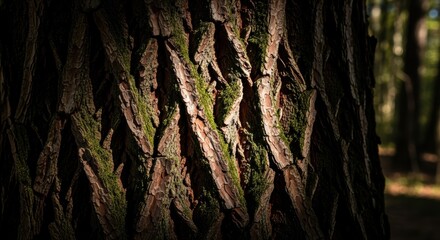 close-up of textured tree bark with green moss in dappled forest light