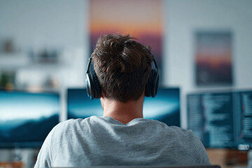 focused worker wearing headphones at a multimonitor workstation. concept for coding, gaming, or remo
