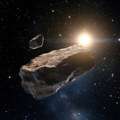 Wall Mural - Lonely Asteroid Drifting Through the Cosmos near Glowing Star, Cosmic Wanderer in Deep Space