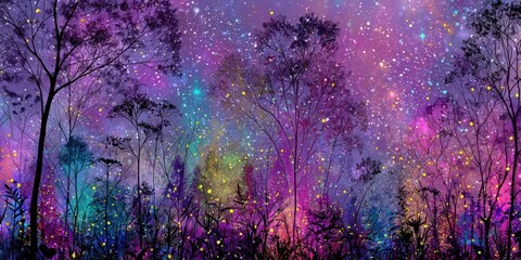 Wall Mural - Magical Night Forest Under Starry Sky