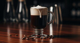 Sophisticated Irish Coffee cocktail with a creamy head, served in a classic glass on a wooden bar with a dark, moody background.