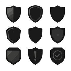 Graphic Shield Icons. Solid style icons of graphic shields for UI: metallic shield shape, glossy button shield, flat modern shield