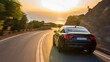 © Roushon_AI_Designer - Black car driving on a scenic road at sunset with motion blur