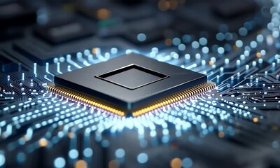 Sticker - 3d render of a computer chip with a glowing blue light on a dark background, surrounded by digital c