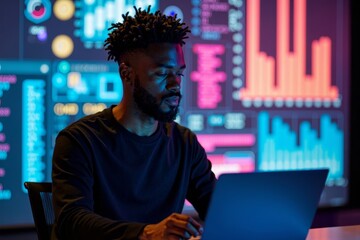 african american programmer man using coding to create digital art on a holographic screen