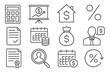 © Olha - Mortgage Icon Set. Line style icons of mortgage and financing: calculator icon, mortgage plan chart, home equity line, interest