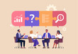 © nadzeya26 - Business Team Brainstorm concept. Vector flat style abstract illustration of a group of diverse people at a desk discussing a project made with puzzle pieces above their heads.