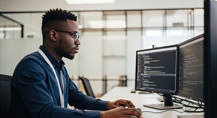 Focused african american developer working on computer with code on screen in modern office environment, showcasing software development