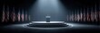 © Michael - Candid moment at an empty podium surrounded by American flags in a dimly lit venue before a significant political event