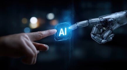 Poster - Human and Robot Hands Touching AI Button: Artificial Intelligence Concept for Future Technology