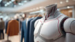 © MAX - a futuristic mannequin with a headless design stands in a clothing store, showcasing modern apparel. The mannequin has a sleek, metallic finish with red accents.