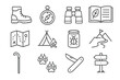 © VideoHub - Nature Exploration Icons. Line style icons of nature exploration: hiking boots, compass icon, binoculars, nature journal, trail