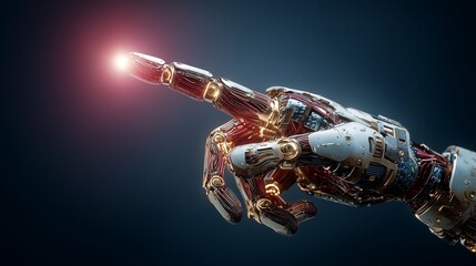 Futuristic Robotic Hand Pointing with Glowing Fingertip – Hyperrealistic Tech Detail & Award-Winning Composition
