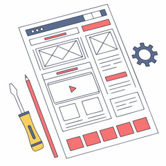 website wireframe design process with tools like screwdriver pencil and gear icon
