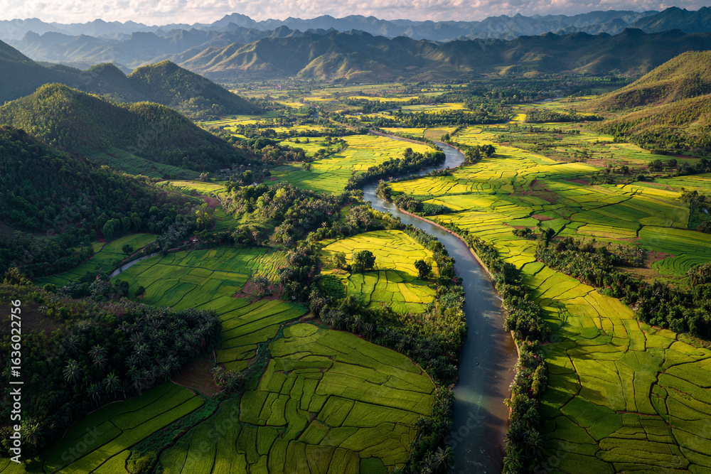 Aerial view of a lush green valley with a winding river flowing through ...