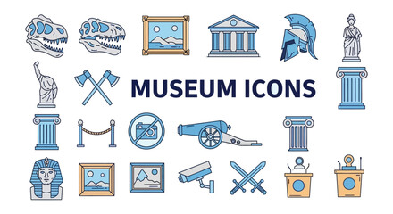 A versatile set of museum icons showcasing historical artifacts, ancient art, and cultural symbols, ideal for educational and exhibition graphic designs.