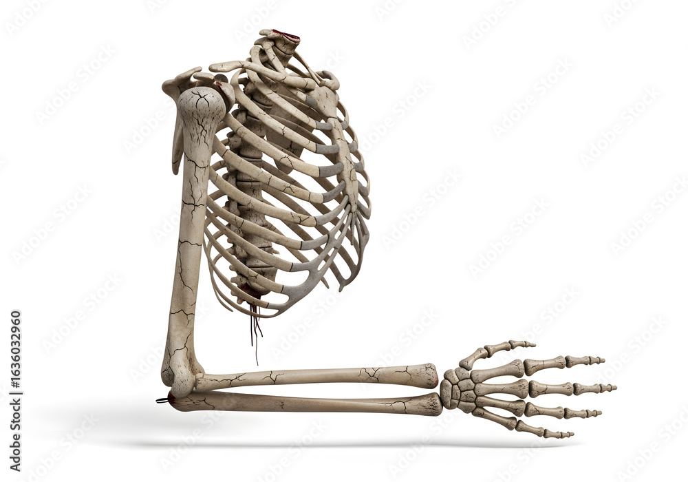 Detailed 3D anatomical rendering of the human skeletal rib cage, arm ...