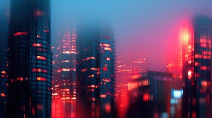Wall Mural - futuristic city skyline illuminated by vibrant red lights amidst a foggy evening atmosphere
