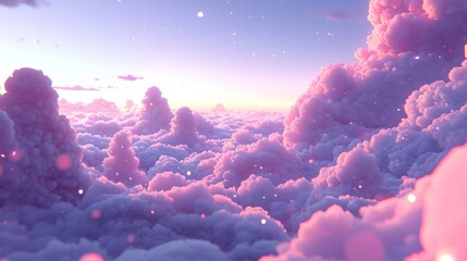 Wall Mural - Fluffy pink clouds stretch to the horizon under a gentle pink and purple sky