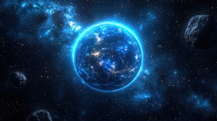 Wall Mural - Glowing blue planet with asteroid field, stars and nebulae in cosmic background