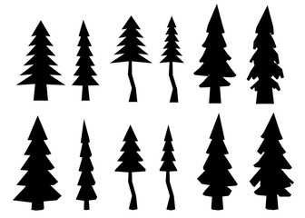 Poster - Black and white silhouettes of pine trees arranged in a low poly style. The minimalist design features clean lines and sharp angles against a plain white background. Perfect for winter themes.