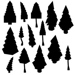 Poster - Black silhouettes of fir trees stand against a white background, creating striking contrast. The low poly design features varied shapes and sizes for visual interest.