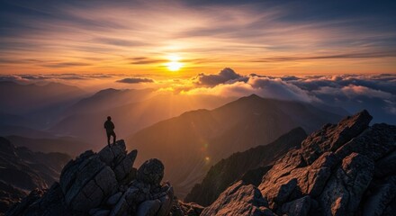 Wall Mural - Solitary figure stands atop rocky peak, silhouetted against dramatic sunrise