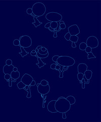 Poster - A set of trees with white contours stands out against a vibrant blue background, arranged symmetrically with overlapping shapes for visual interest. The minimalist design features varying sizes and.