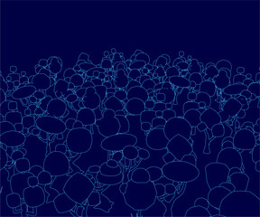 Poster - A set of outlined trees stands against a vibrant blue background in a symmetrical pattern, featuring minimalist silhouettes of various shapes and sizes.