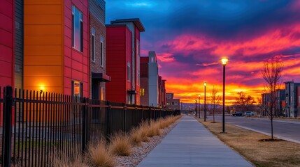 Wall Mural - vibrant sunset illuminating colorful modern buildings along a peaceful sidewalk with street lamps gl