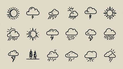 Naklejka na meble Weather Icons Set Featuring Sun, Clouds, Rain, and Lightning Symbols