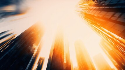 Wall Mural - dramatic skyline view of towering skyscrapers at sunset with vibrant colors and reflective glass sur