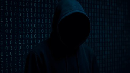 Anonymous hooded figure against digital binary code image