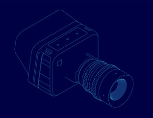 Poster - Blue camera contour drawing with clean lines stands out against a solid blue background. The minimalist design features precise details and a modern aesthetic. Perfect for tech or photography themes.