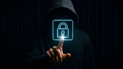 Hooded figure touches glowing lock symbol against binary code touching