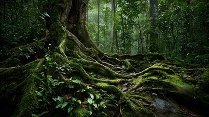 Exposed tree roots covered in moss in a forest