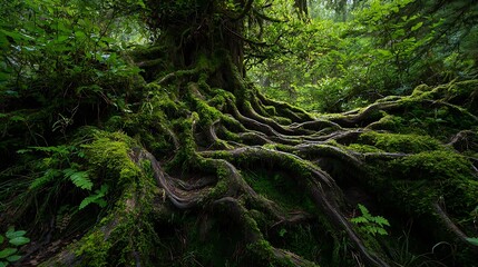 Moss covered tree roots create a natural pattern