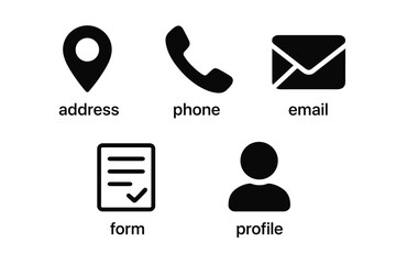 Contact information icons: address, phone, email, form, profile