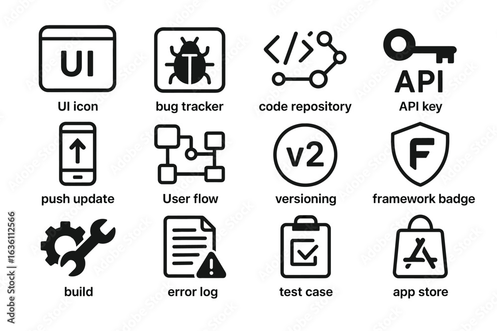 Tech icons: ui, bug tracker, code repository, api key, user flow, build ...