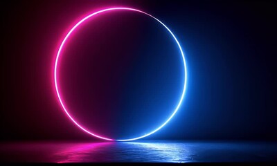 Wall Mural - 
Neon light effect with a glowing circular frame on a dark background, blue and pink neon lines in the shape of an empty ring for design.

