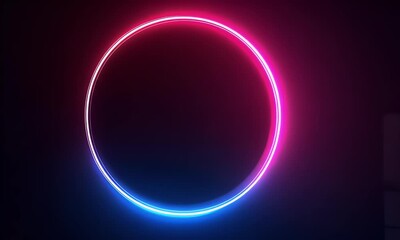 Wall Mural - 
Neon light effect with a glowing circular frame on a dark background, blue and pink neon lines in the shape of an empty ring for design.

