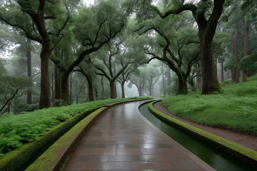 Wall Mural - Serene pathway through misty forest with lush green trees and curved path